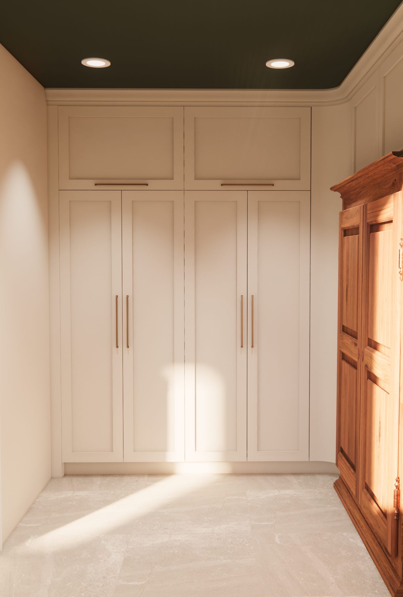 Rendu 3D des grandes armoires de rangement crème montant jusqu'au plafond, à côté de l'armoire antique, mudroom sur mesure à Québec